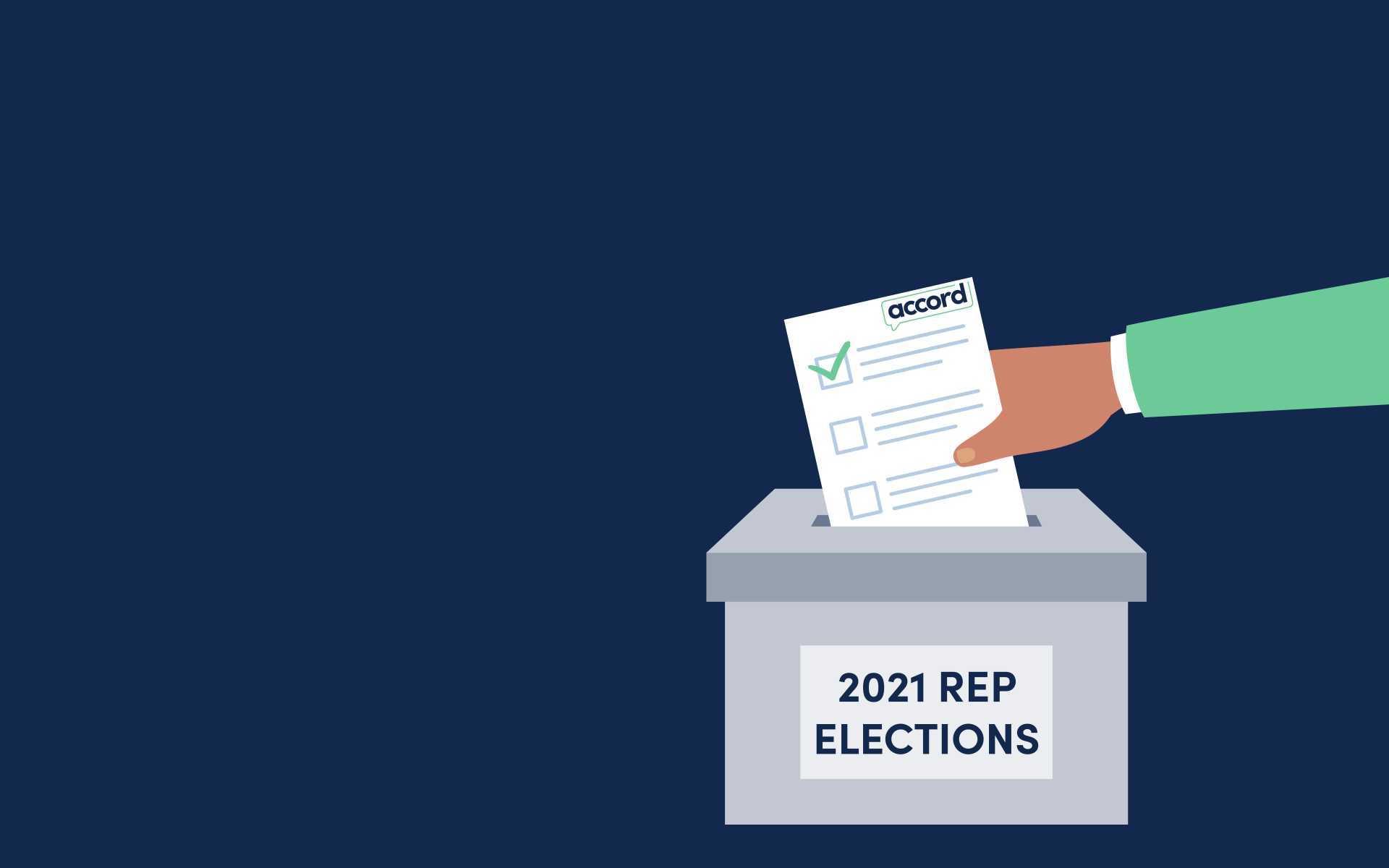 Ballot box for 2021 elections with a hand posting a completed ballot. On a blue block background