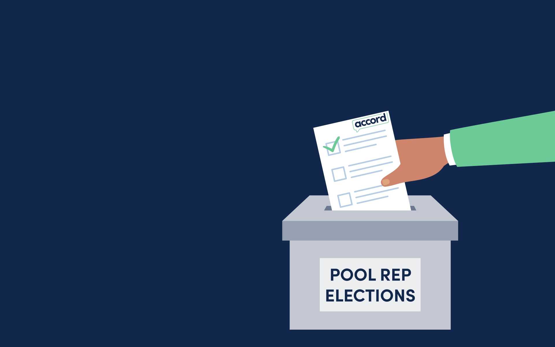 Ballot box for pool rep elections with a hand posting a completed ballot. On a blue block background