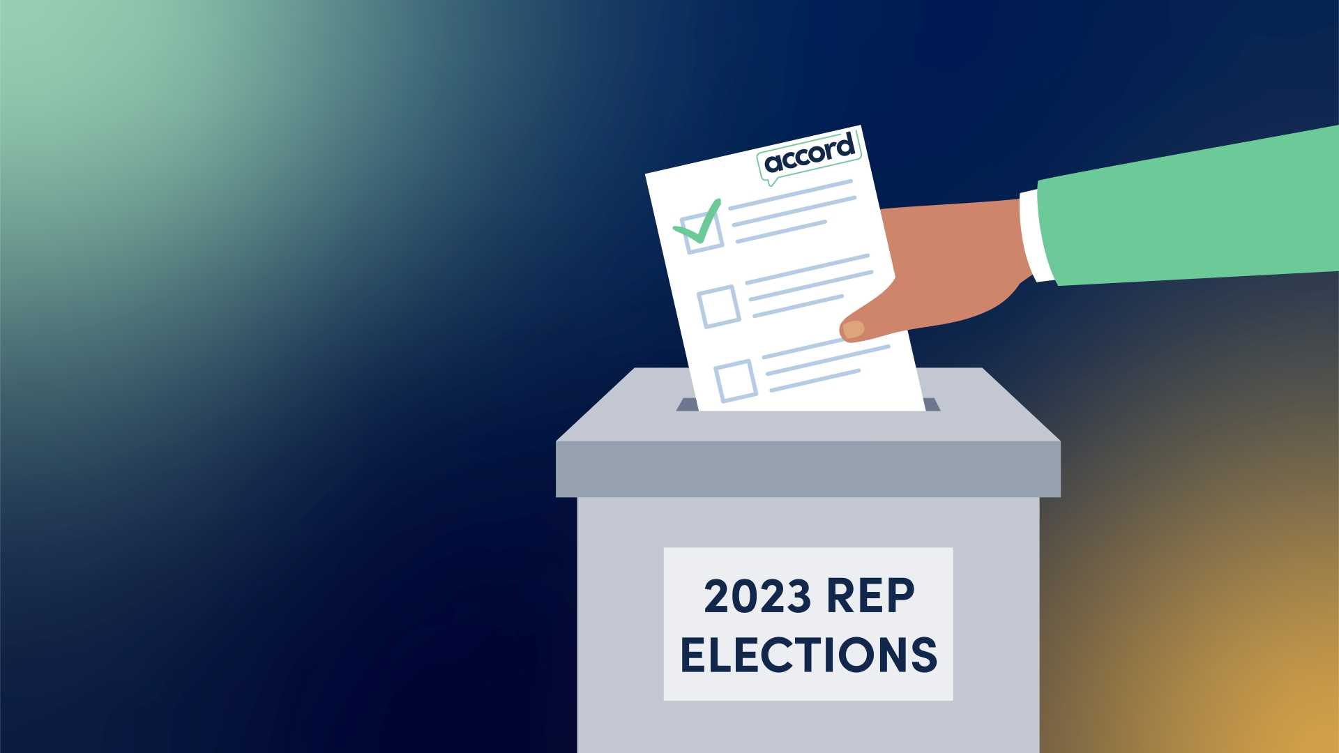 Ballot box for 2023 elections with a hand posting a completed ballot. On a blue gradient background