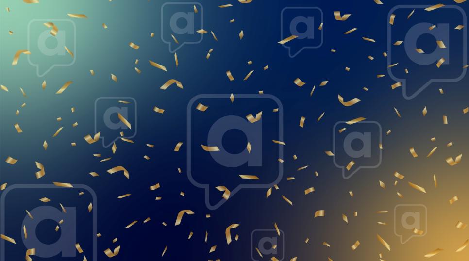 Blue background with gold confetti and floating Accord icons