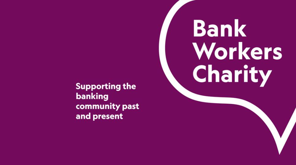 Bank Workers Charity logo on plum background - Supporting the banking community past and present