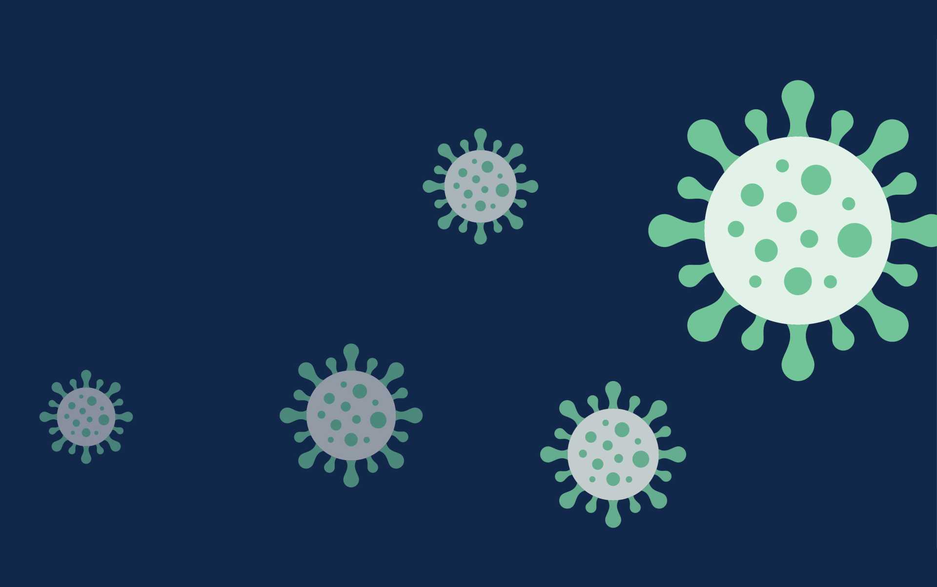 Cartoon illustration of the Covid-19 virus on a blue background