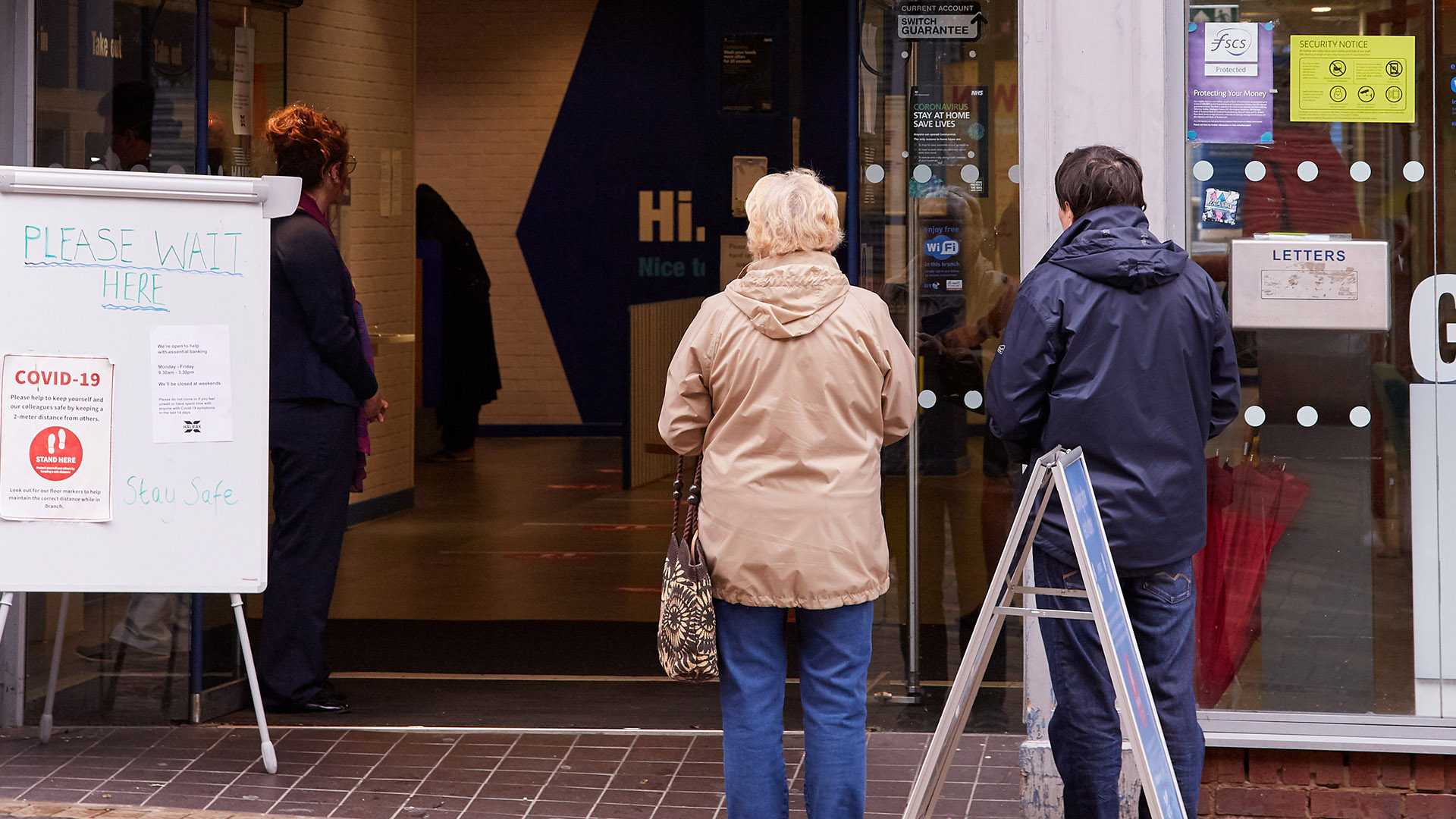 Customers queuing outside a Halifax bank branch due to Covid restrictions