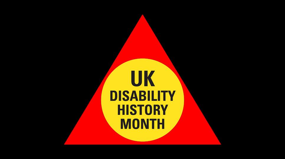 Disability history month logo - black background with red triangle containing yellow circle