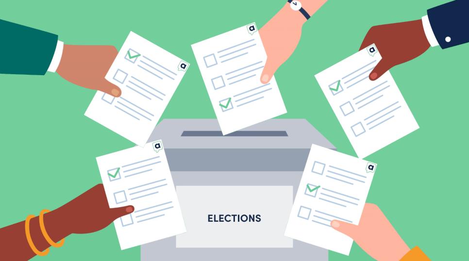 Cartoon hands holding ballot papers and placing into a ballot box - on green background