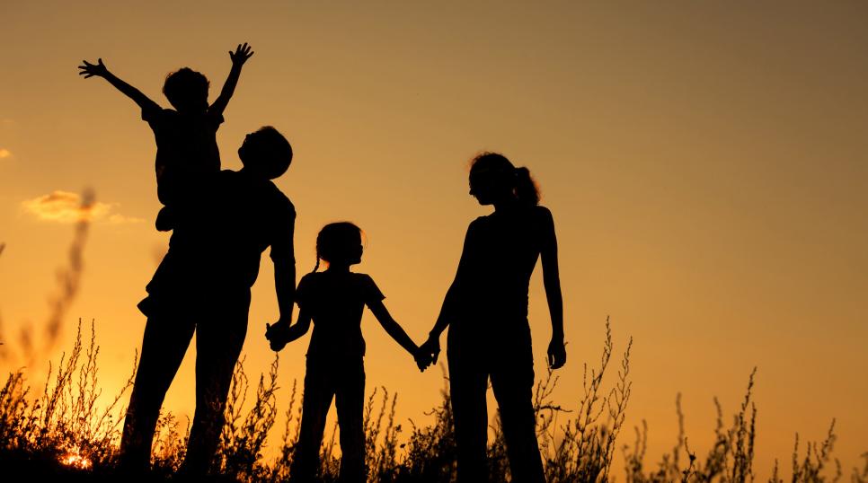 A family walking through grass at sunset with orange glow