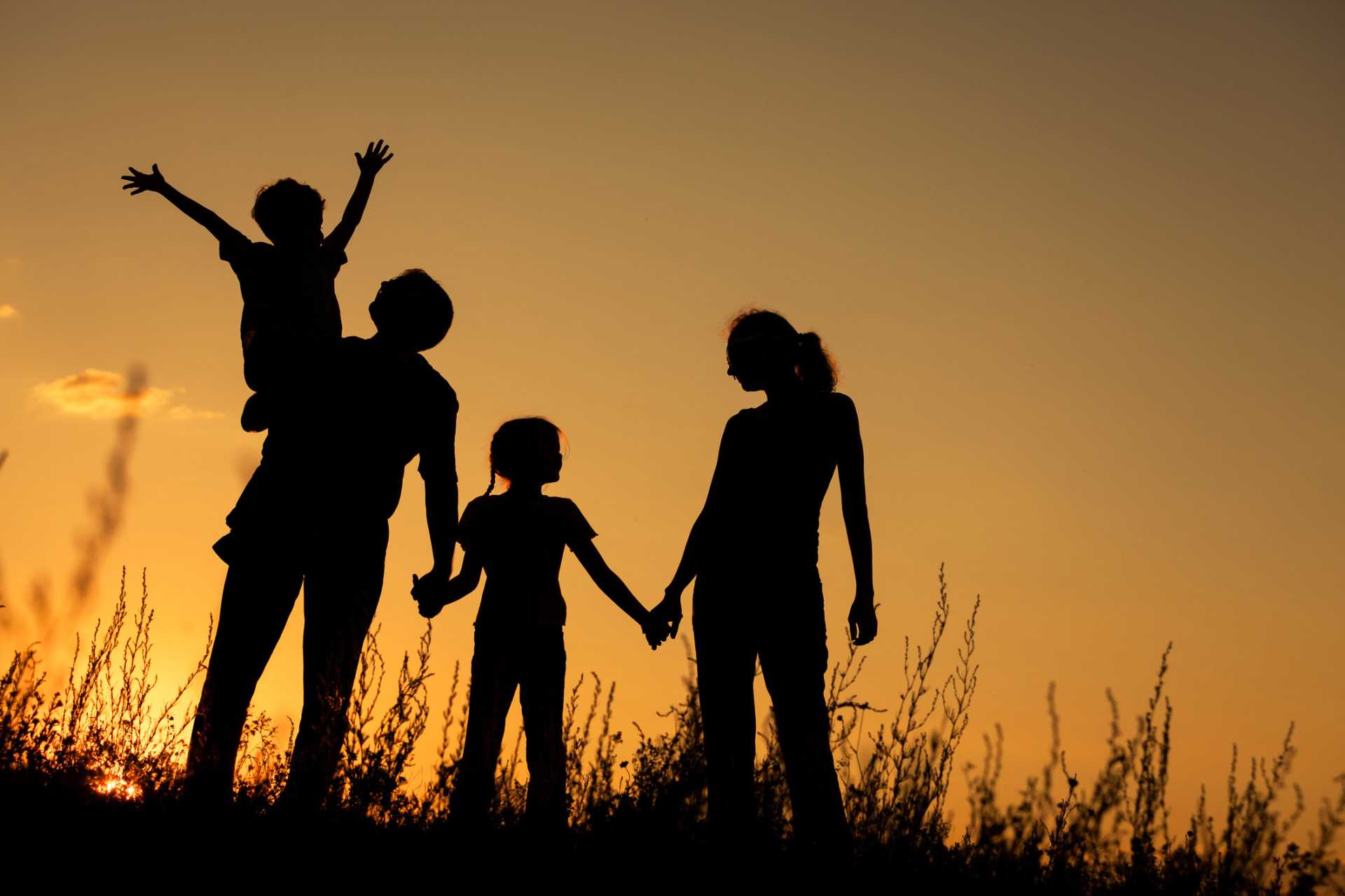 Family standing in a field holding hands at sunset with orange glow