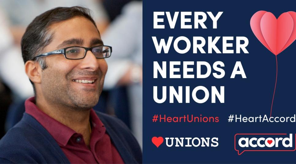 Accord rep Nickul Hathi with HeartUnions logos
