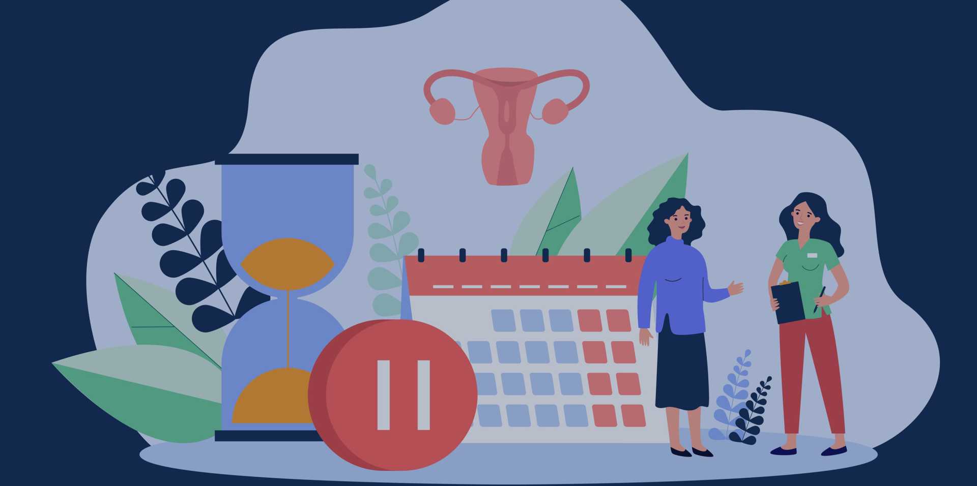 Image representing menopause with a woman, calendar and pause symbol