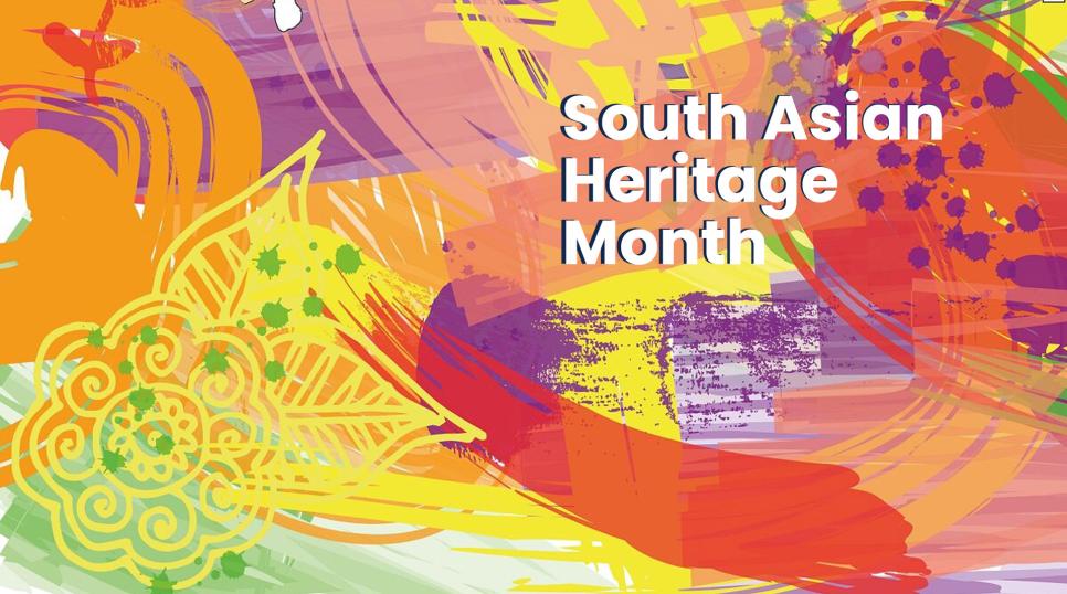 South Asian Heritage Month logo with a multicoloured painted effect background