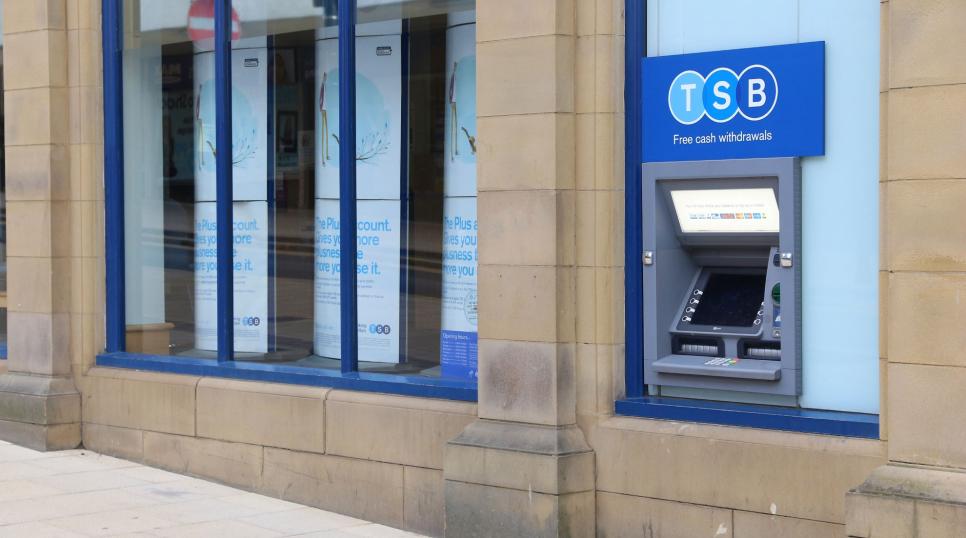 Photo of the front of a TSB bank branch with ATM visible